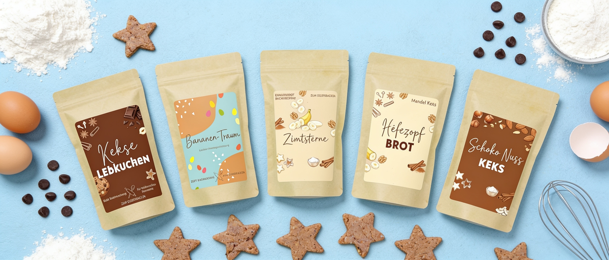 Standbodenbeutel EcoBags mit unterschiedlichen Backmischungen und Logo