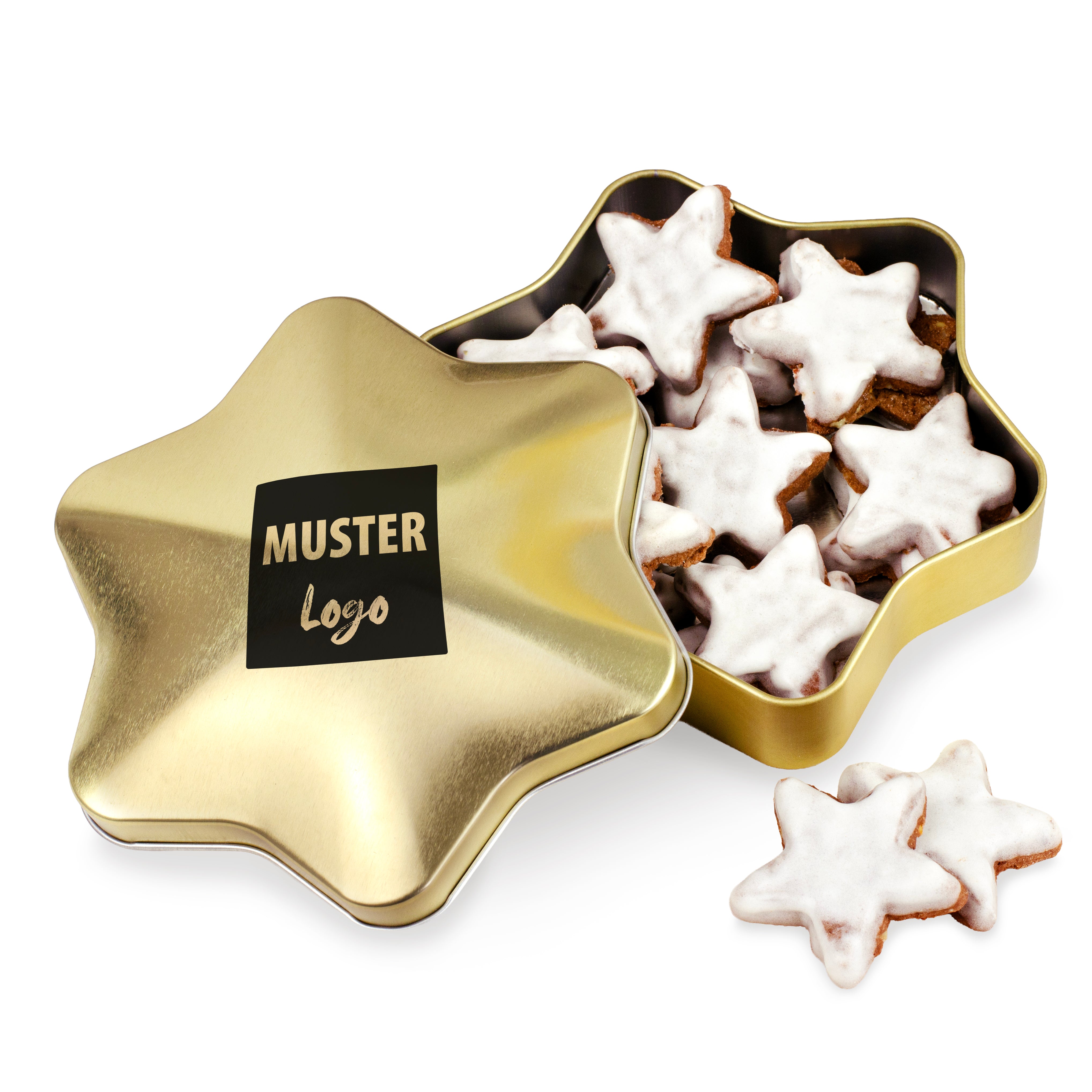 Goldene Stern-Dose mit Zimtsternen & Logo – Premium Weihnachtsgeschenk